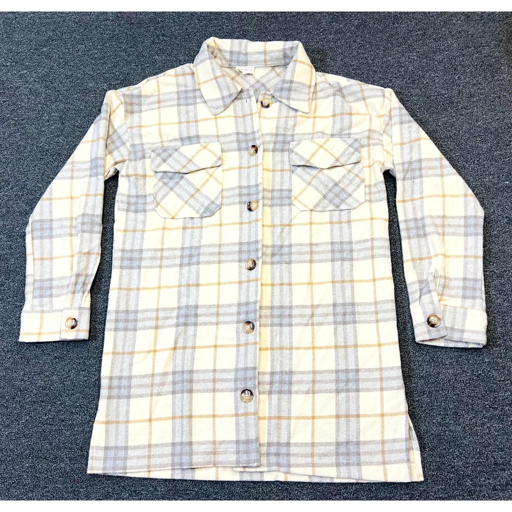 Hem & Thread Shacket Womens Large Multicolor Plaid Wool Button Front Side Slit